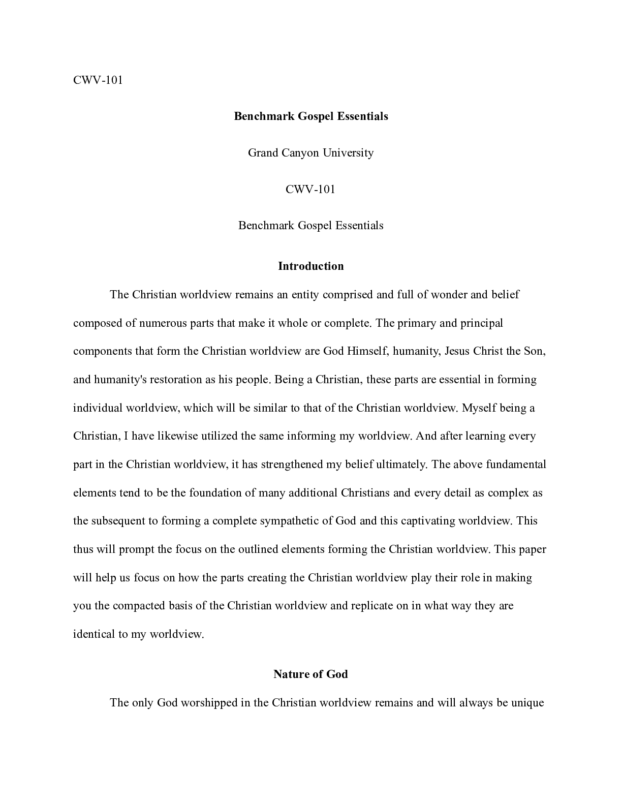 Preview of Benchmark_Gospels.docx  CWV-101  Benchmark Gospel Essentials  Grand Canyon University  CWV